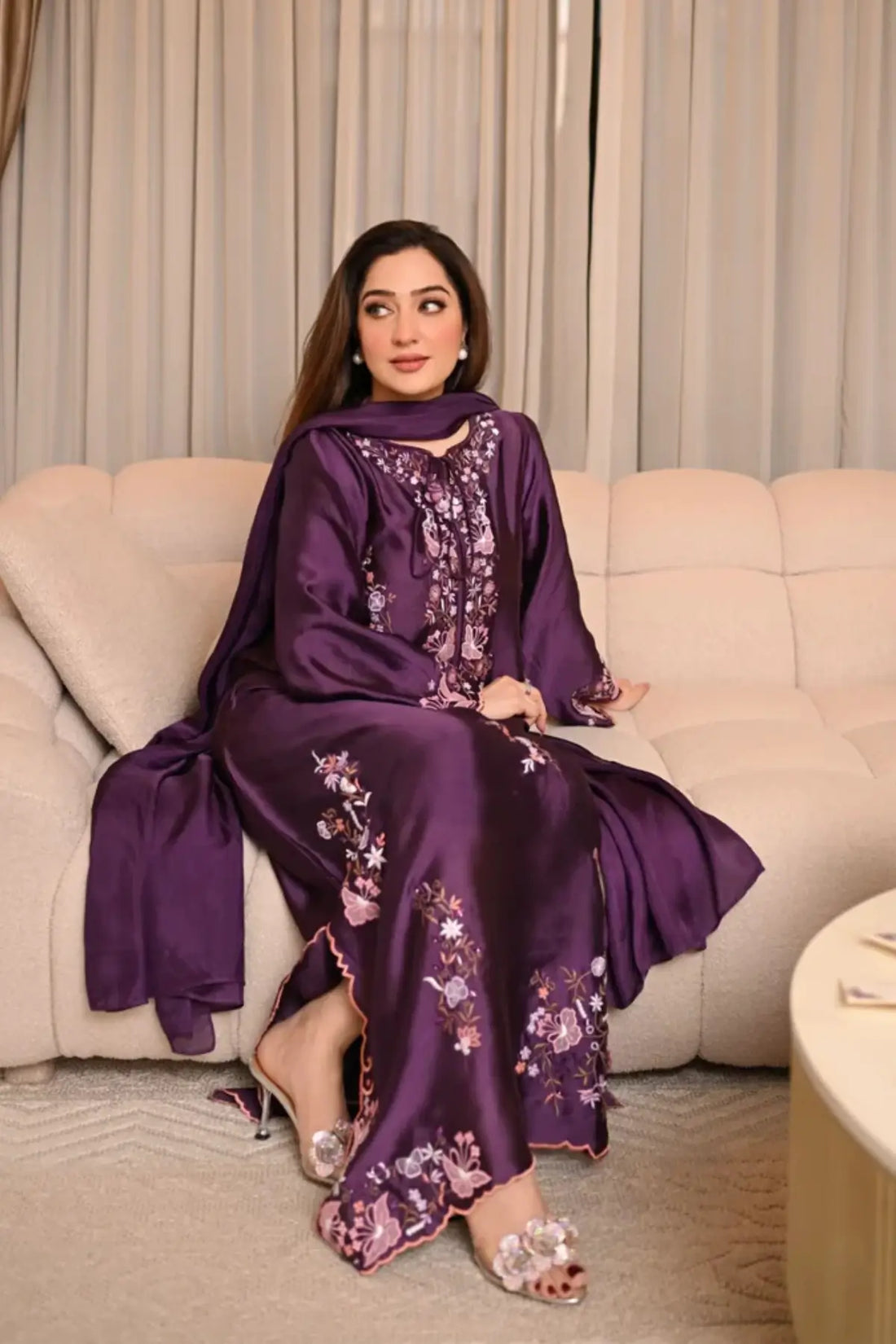 Purple Mia kaftan in sheesha silk with matching dupatta formal stitched look