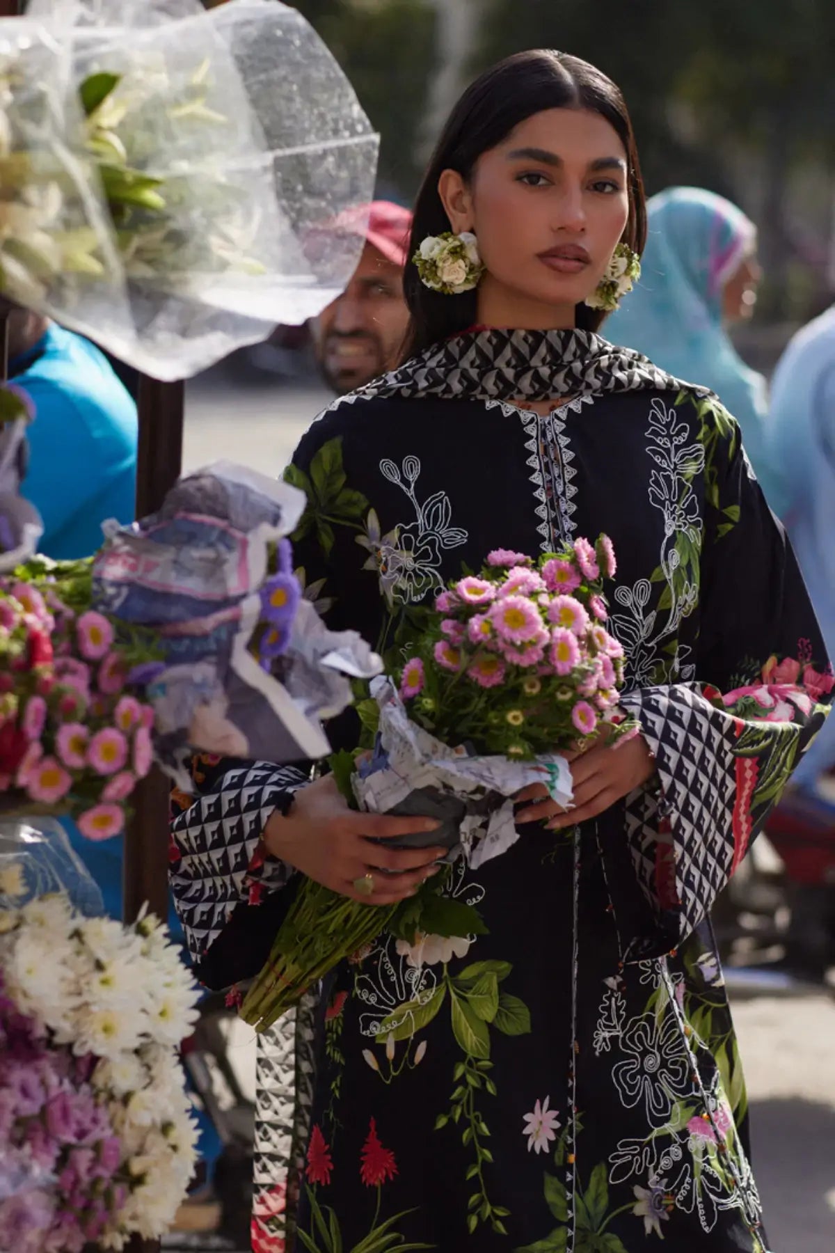 Zaha Midnight Bloom ZF26-04 black stitched lawn 3PC suit with floral print and chiffon dupatta