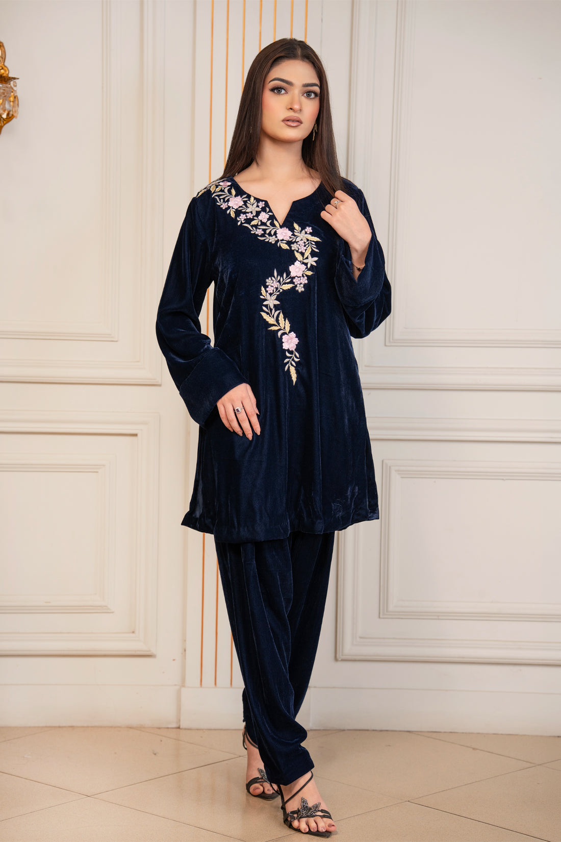 Midnight Blossom navy floral embroidered pure velvet co-ord set for women by MariamRaj
