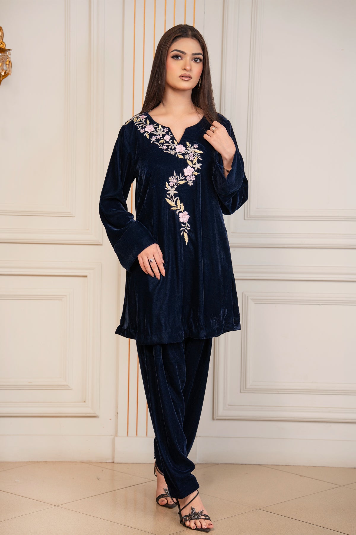 Midnight Blossom navy floral embroidered pure velvet co-ord set for women by MariamRaj