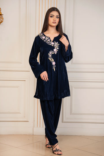 Midnight Blossom navy floral embroidered pure velvet co-ord set for women by MariamRaj