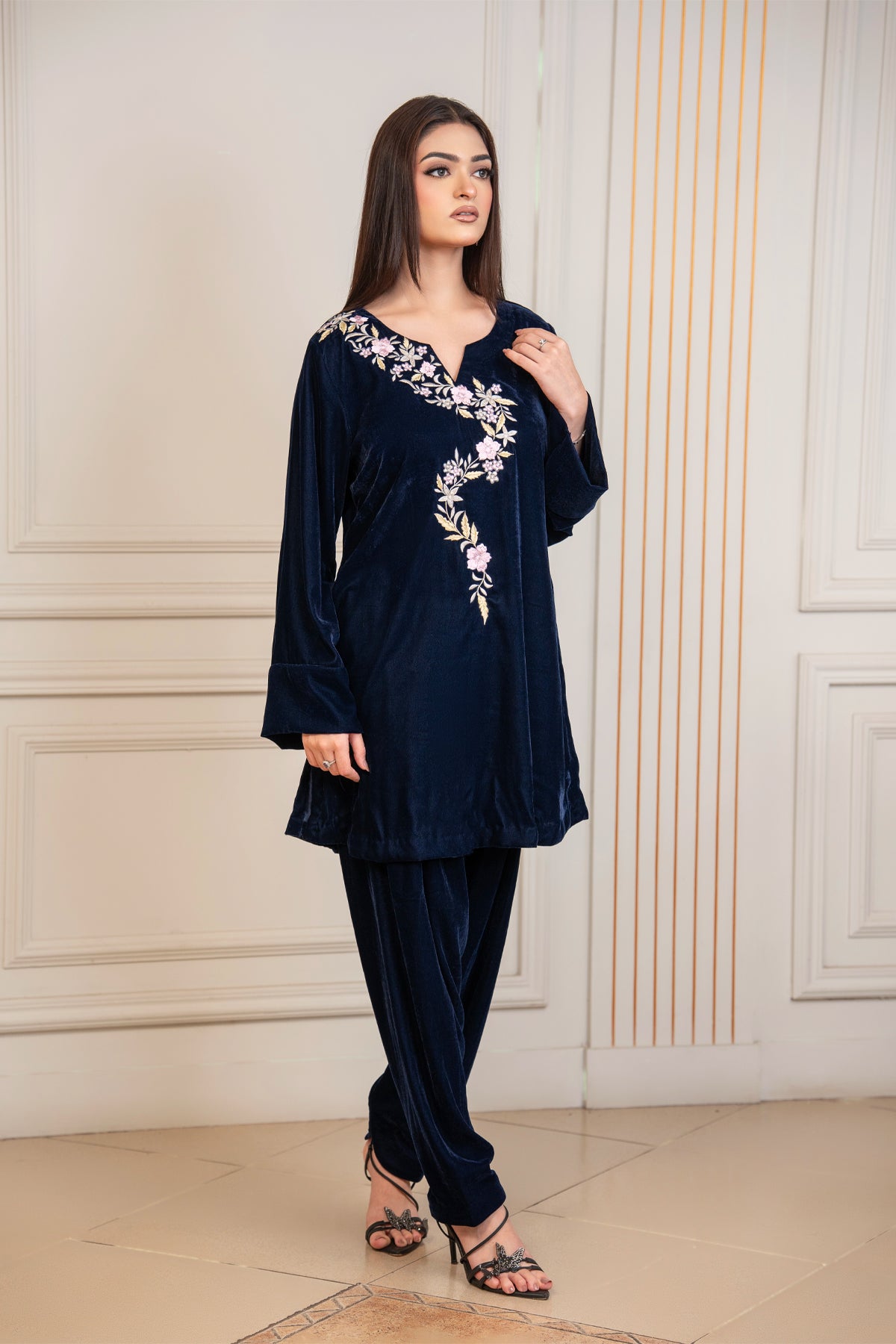 Midnight Blossom navy floral embroidered pure velvet co-ord set for women by MariamRaj