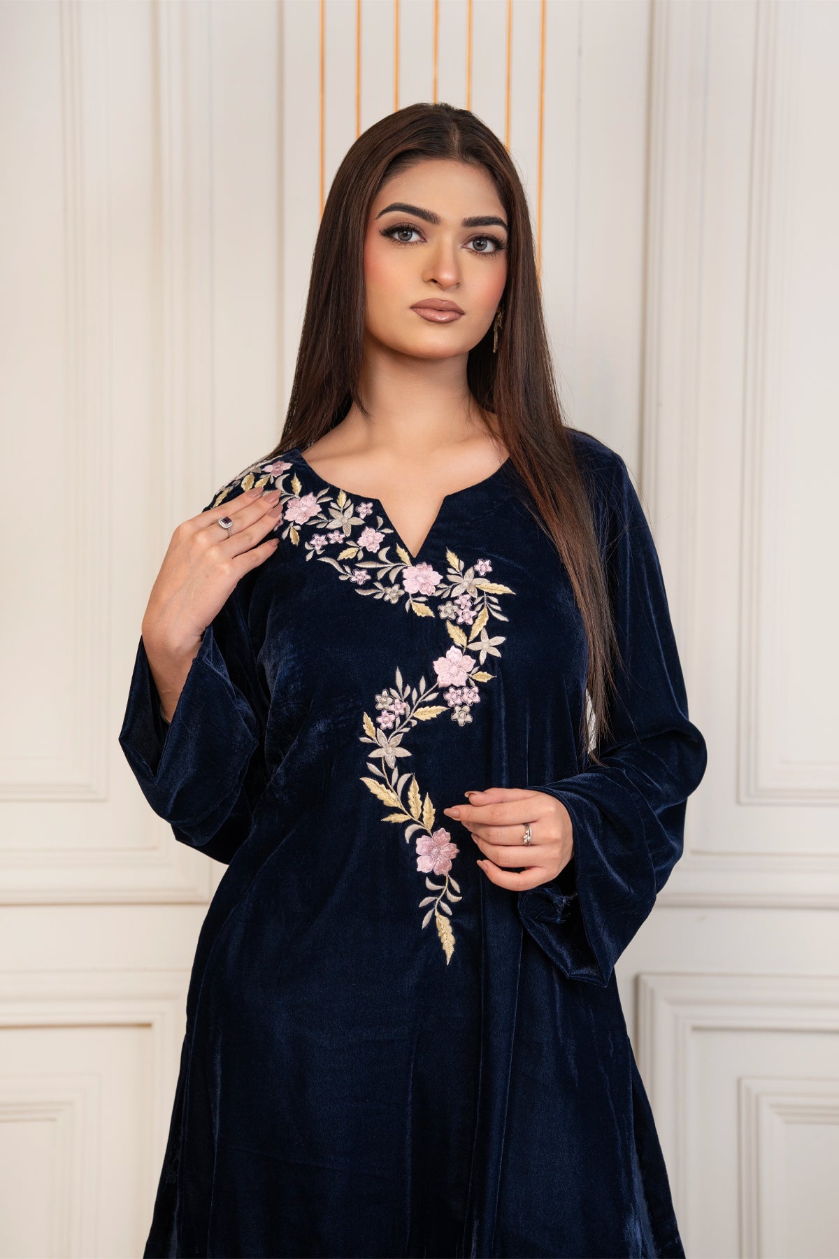 Midnight Blossom navy floral embroidered pure velvet co-ord set for women by MariamRaj
