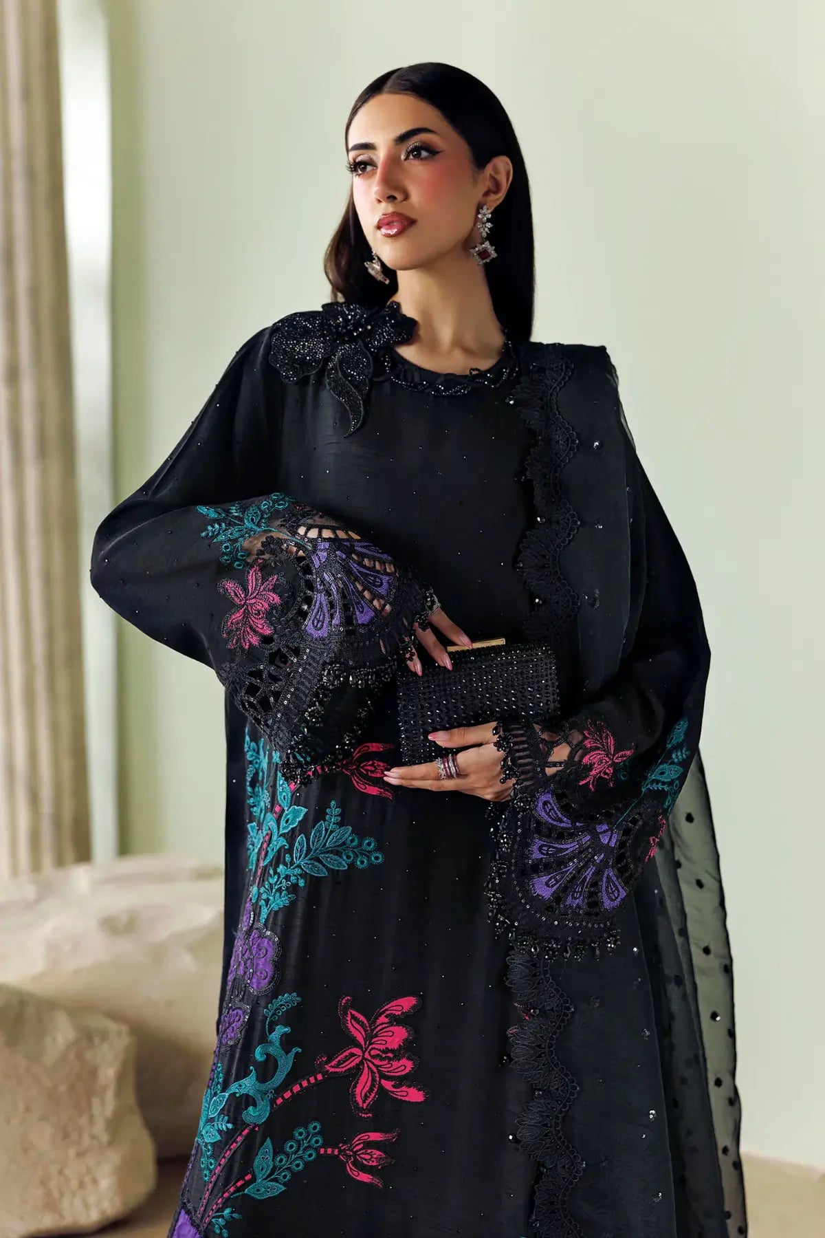 Maria.B Soirée SR-01-08 Midnight Noir black and purple embroidered raw silk stitched suit with 3D embellished organza dupatta