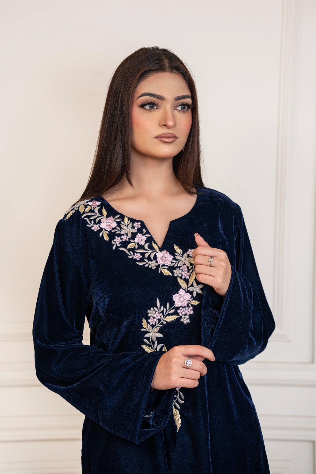 Midnight Blossom navy floral embroidered pure velvet co-ord set for women by MariamRaj
