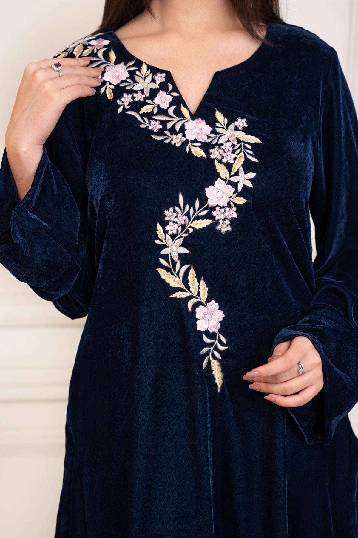 Midnight Blossom navy floral embroidered pure velvet co-ord set for women by MariamRaj
