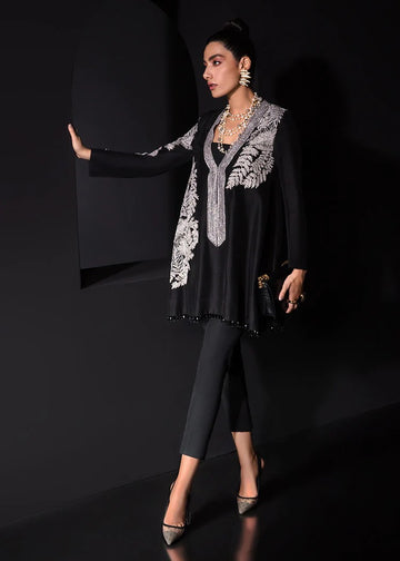 Black raw silk shirt with silver embroidery – formal evening wear.