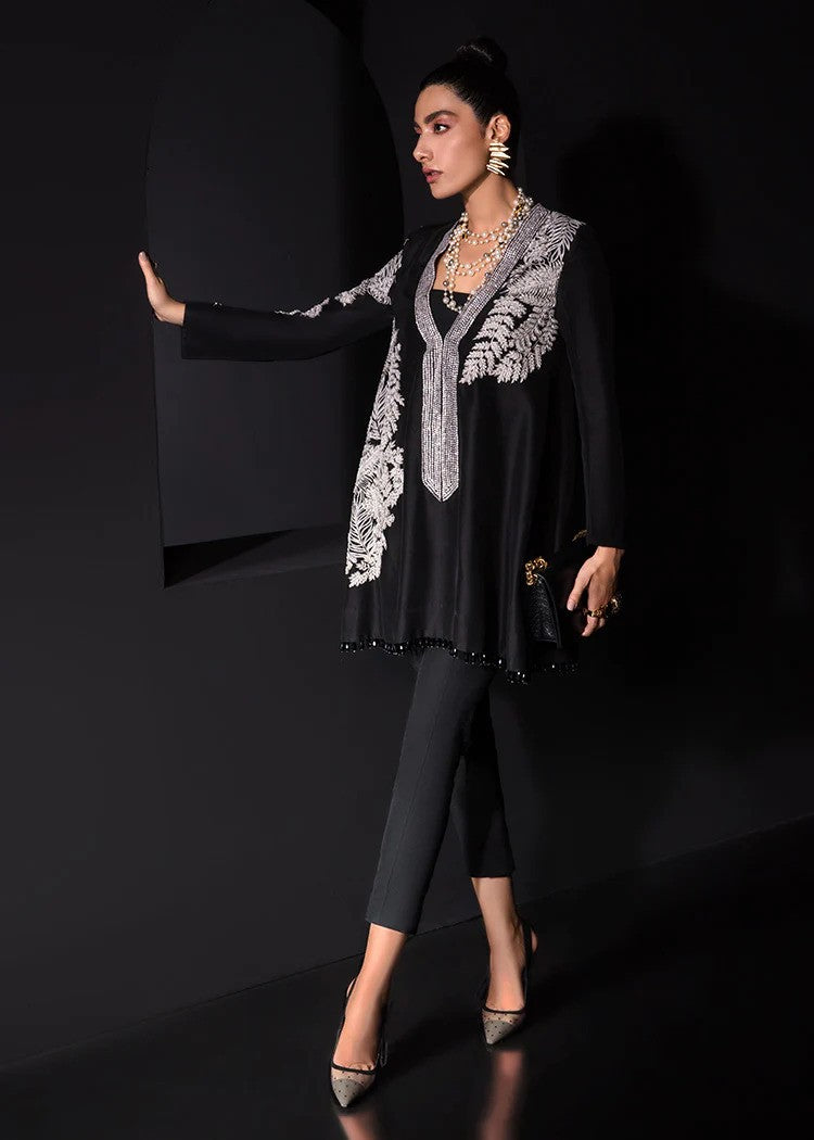 Black raw silk shirt with silver embroidery – formal evening wear.