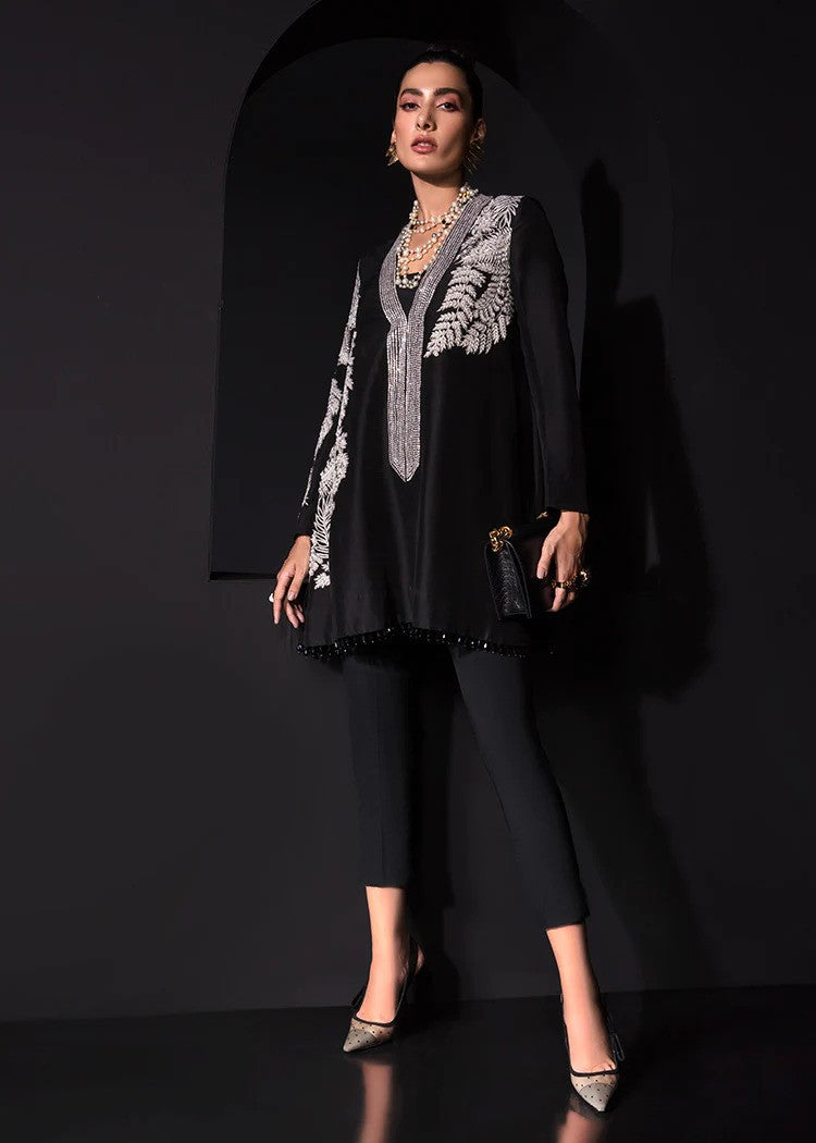 Black raw silk shirt with silver embroidery – formal evening wear.