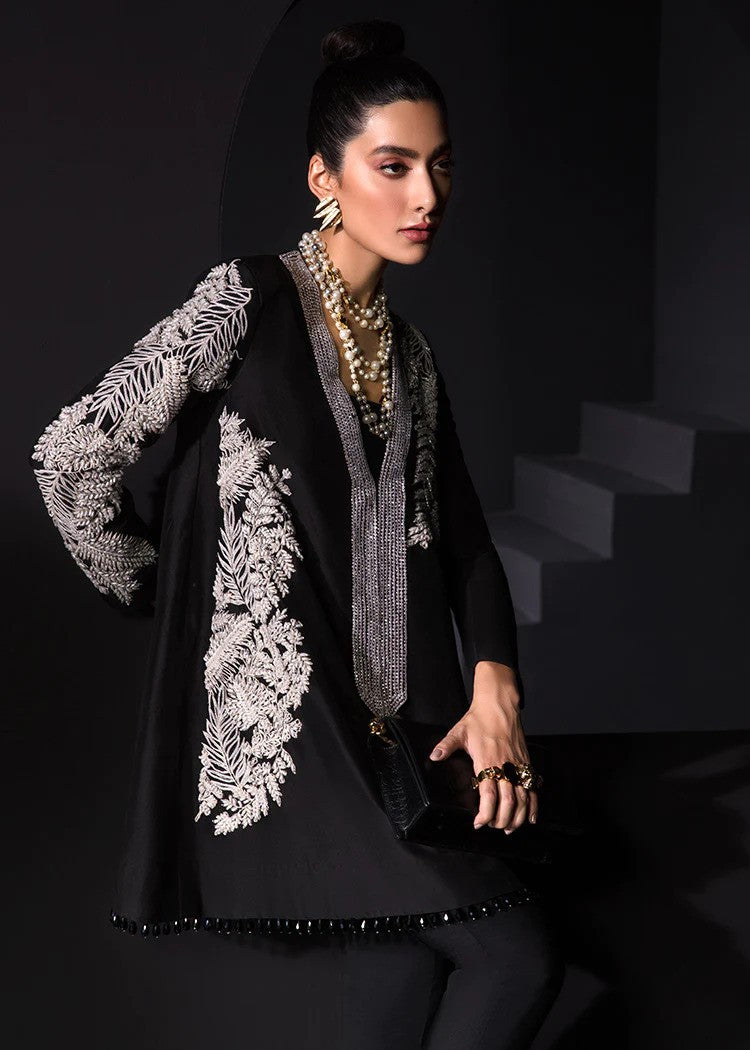 Black raw silk shirt with silver embroidery – formal evening wear.