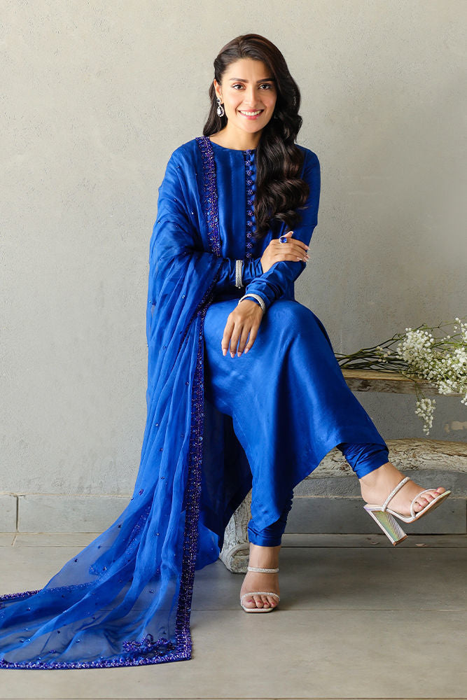Blue raw silk formal dress with embellished borders and organza dupatta.