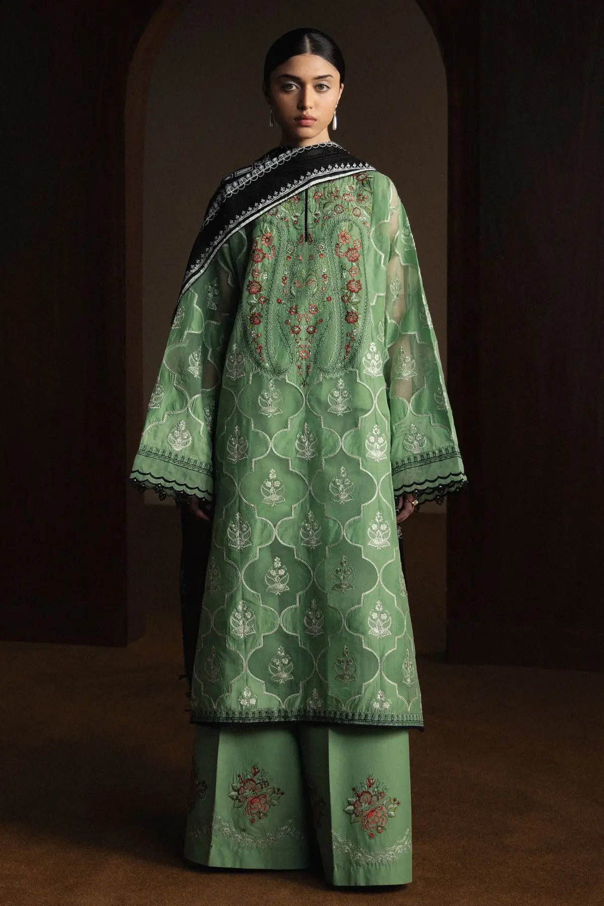 Zara Shahjahan Midoriya-D6 sage green embroidered lawn suit with black dupatta and cambric trousers