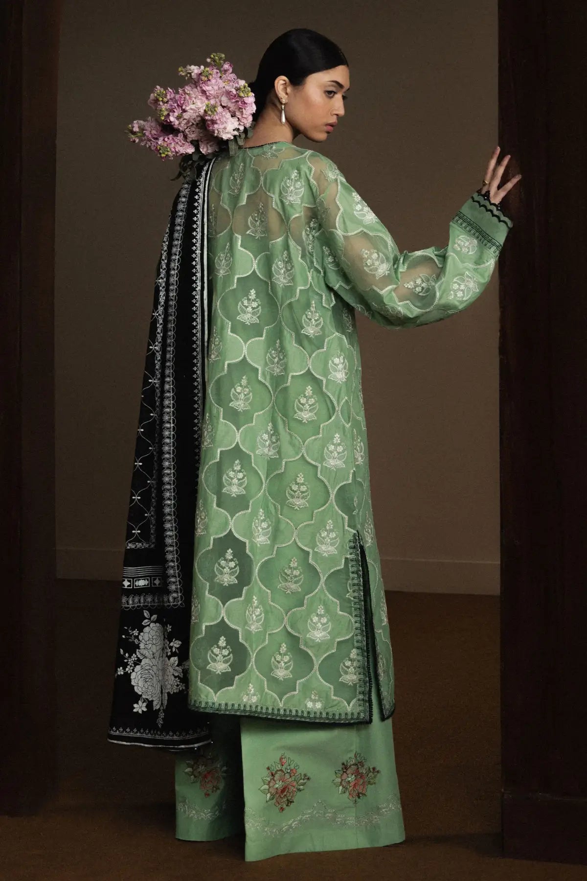 Zara Shahjahan Midoriya-D6 sage green embroidered lawn suit with black dupatta and cambric trousers