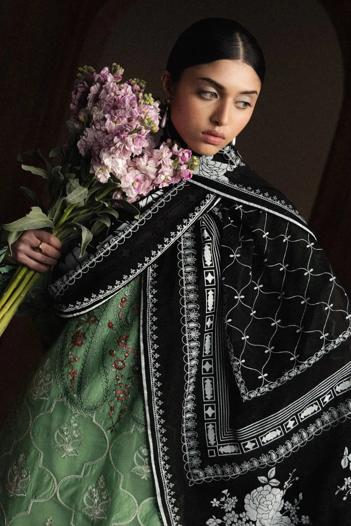 Zara Shahjahan Midoriya-D6 sage green embroidered lawn suit with black dupatta and cambric trousers