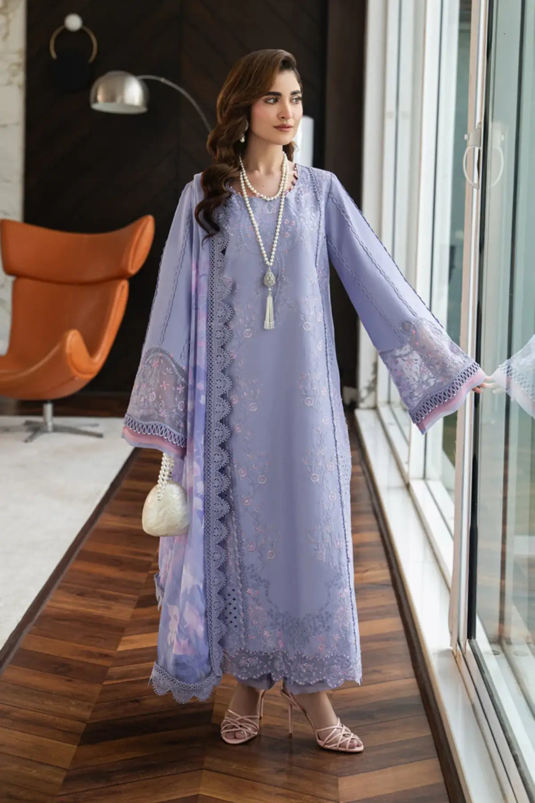 Mila violet Pakistani designer lawn 3PC suit by Rang Rasiya Carnation Eid Edit 2026 with chiffon dupatta