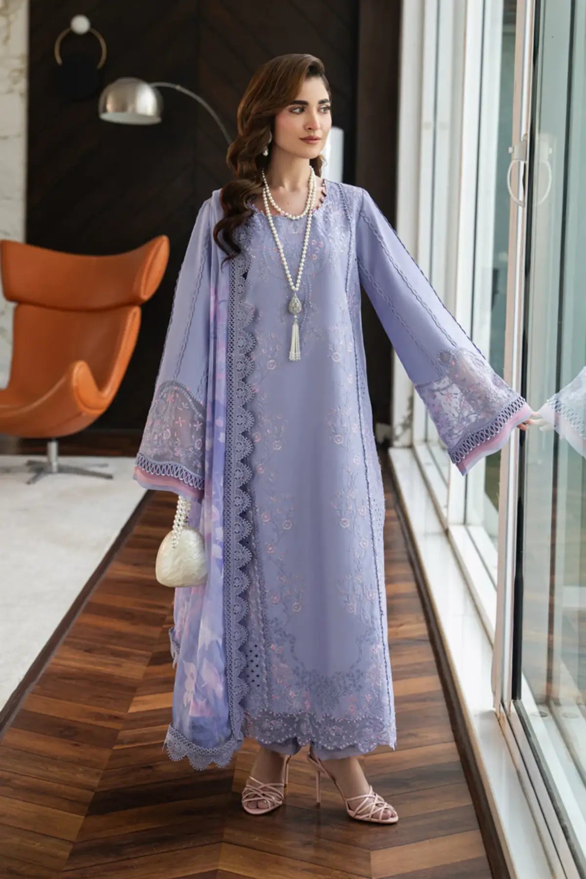 Mila violet Pakistani designer lawn 3PC suit by Rang Rasiya Carnation Eid Edit 2026 with chiffon dupatta