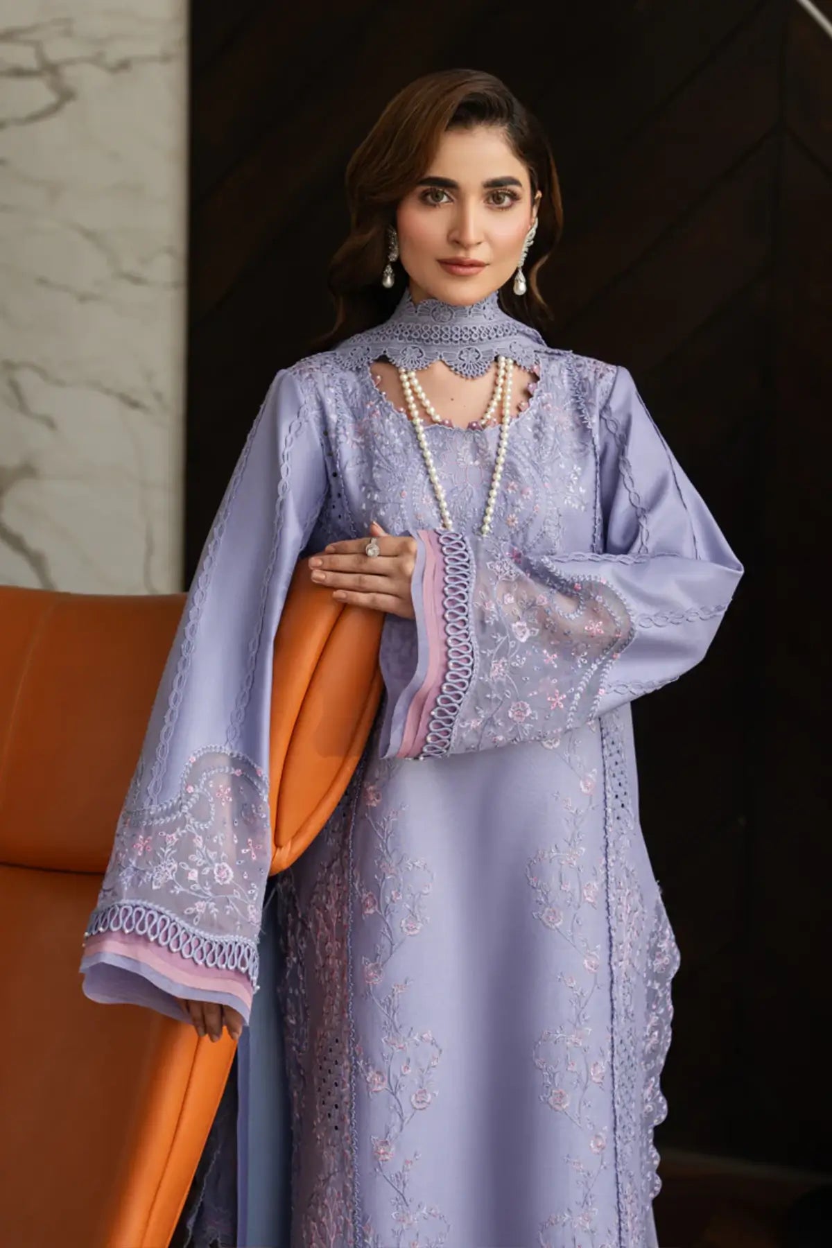 Mila violet Pakistani designer lawn 3PC suit by Rang Rasiya Carnation Eid Edit 2026 with chiffon dupatta