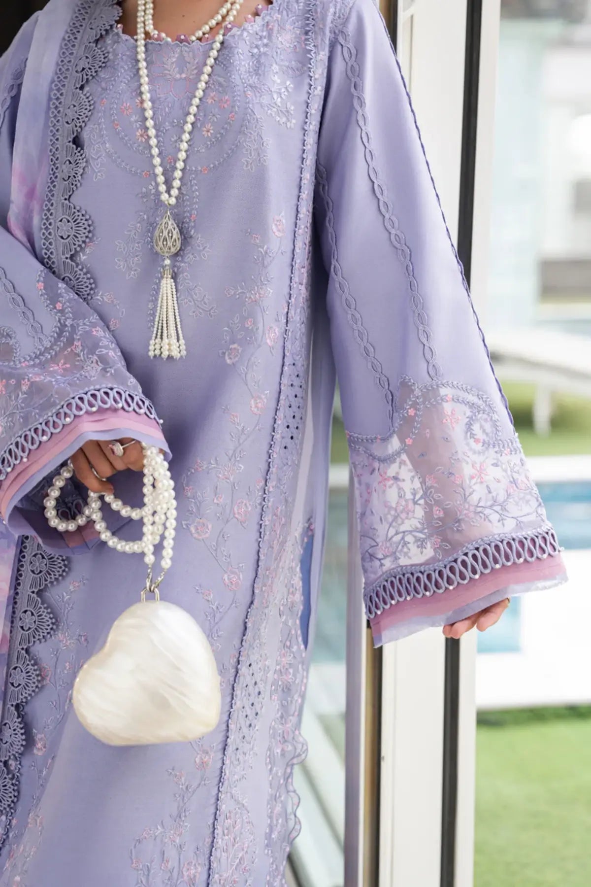 Mila violet Pakistani designer lawn 3PC suit by Rang Rasiya Carnation Eid Edit 2026 with chiffon dupatta