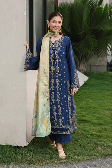 Mina by Rang Rasiya Night Blue Luxury Lawn Stitched 3PC Suit with Printed Tasser Silk Dupatta