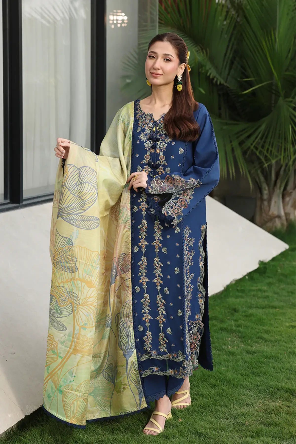 Mina by Rang Rasiya Night Blue Luxury Lawn Stitched 3PC Suit with Printed Tasser Silk Dupatta