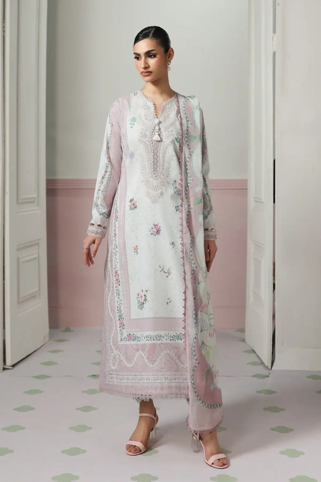Minal QQP-05(A) by Qalamkar off white lawn stitched 3PC suit with embroidered neckline, printed chiffon dupatta, and plain cotton trousers.