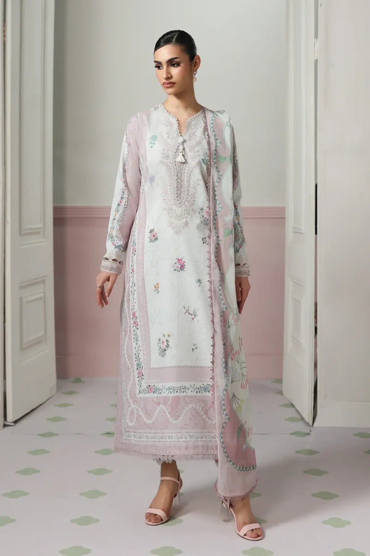 Minal QQP-05(A) by Qalamkar off white lawn stitched 3PC suit with embroidered neckline, printed chiffon dupatta, and plain cotton trousers.