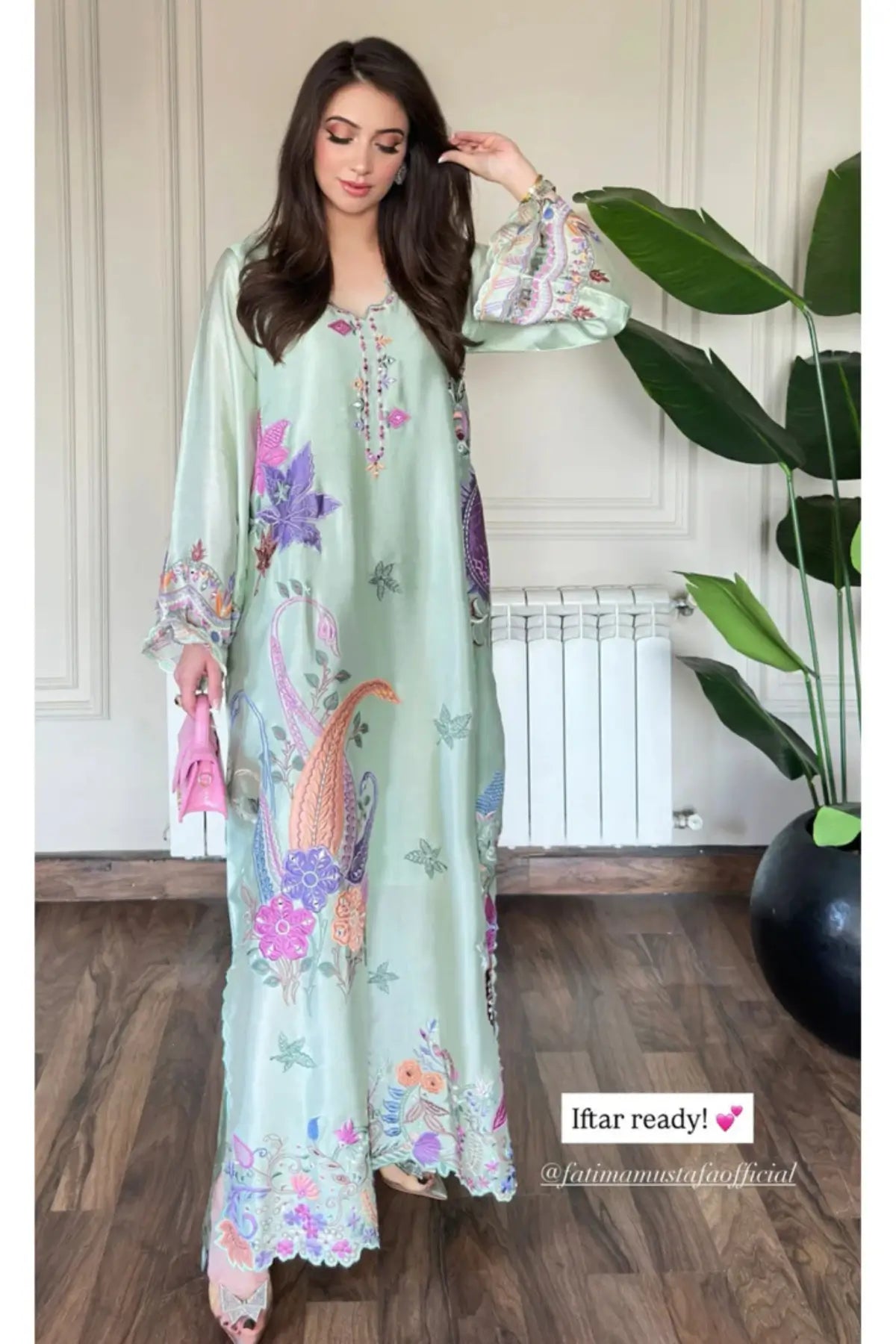 Mint green Minal kaftan in sheesha silk with elegant embroidery and stitched finish