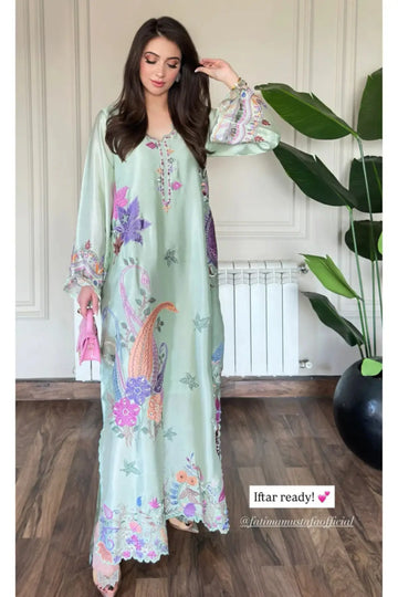 Mint green Minal kaftan in sheesha silk with elegant embroidery and stitched finish