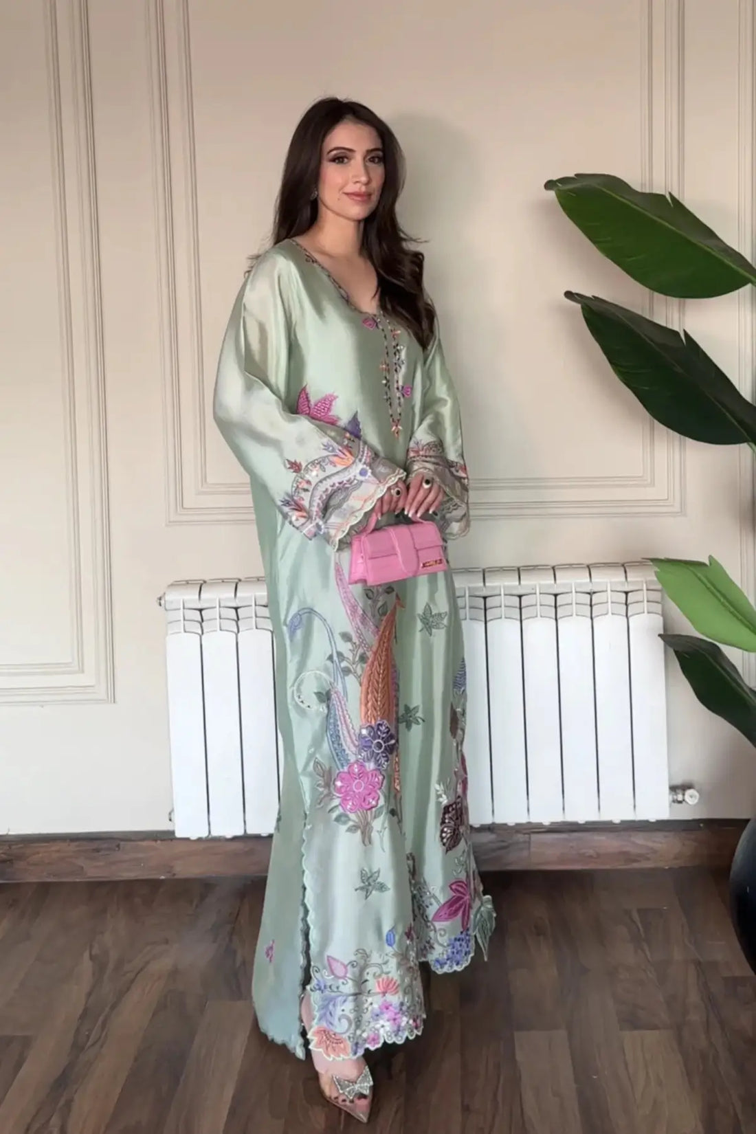 Mint green Minal kaftan in sheesha silk with elegant embroidery and stitched finish