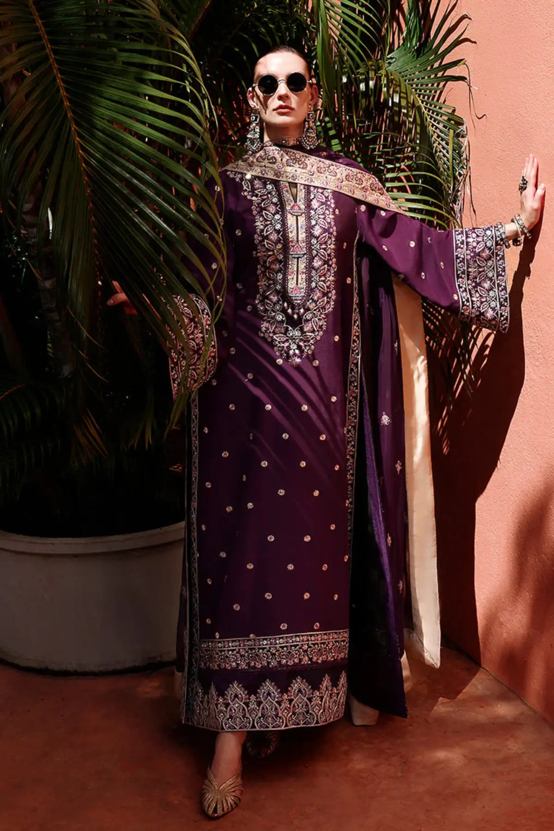 ushq Minerva plum embroidered raw silk 3 piece suit Nuvera Raw Silk 2026 with chiffon dupatta Pakistanimoda