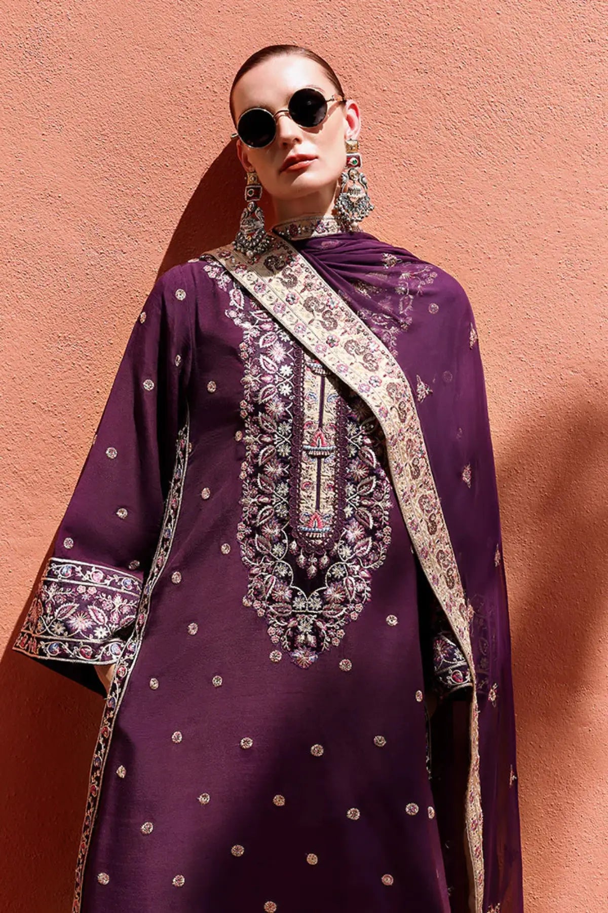ushq Minerva plum embroidered raw silk 3 piece suit Nuvera Raw Silk 2026 with chiffon dupatta Pakistanimoda