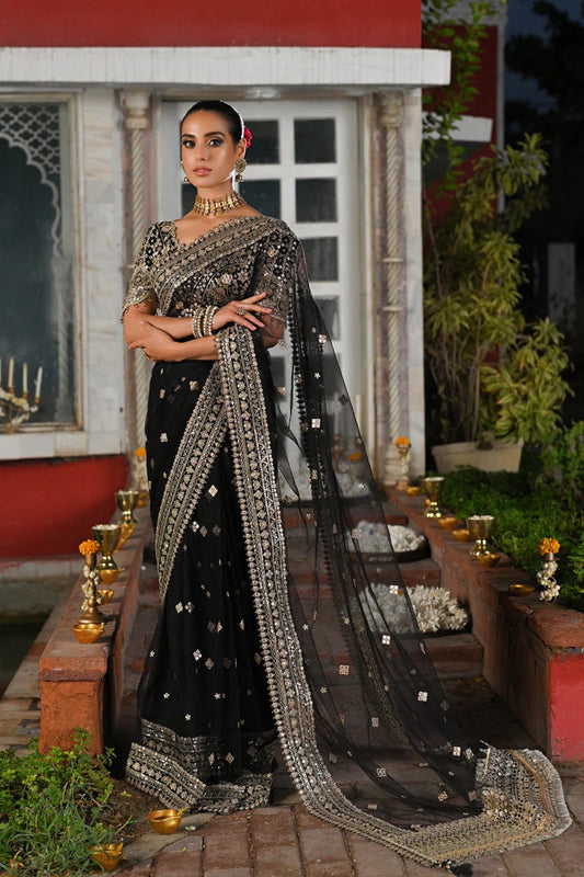 Minha - Black Saree With Embroidered Blouse By Qalamkar