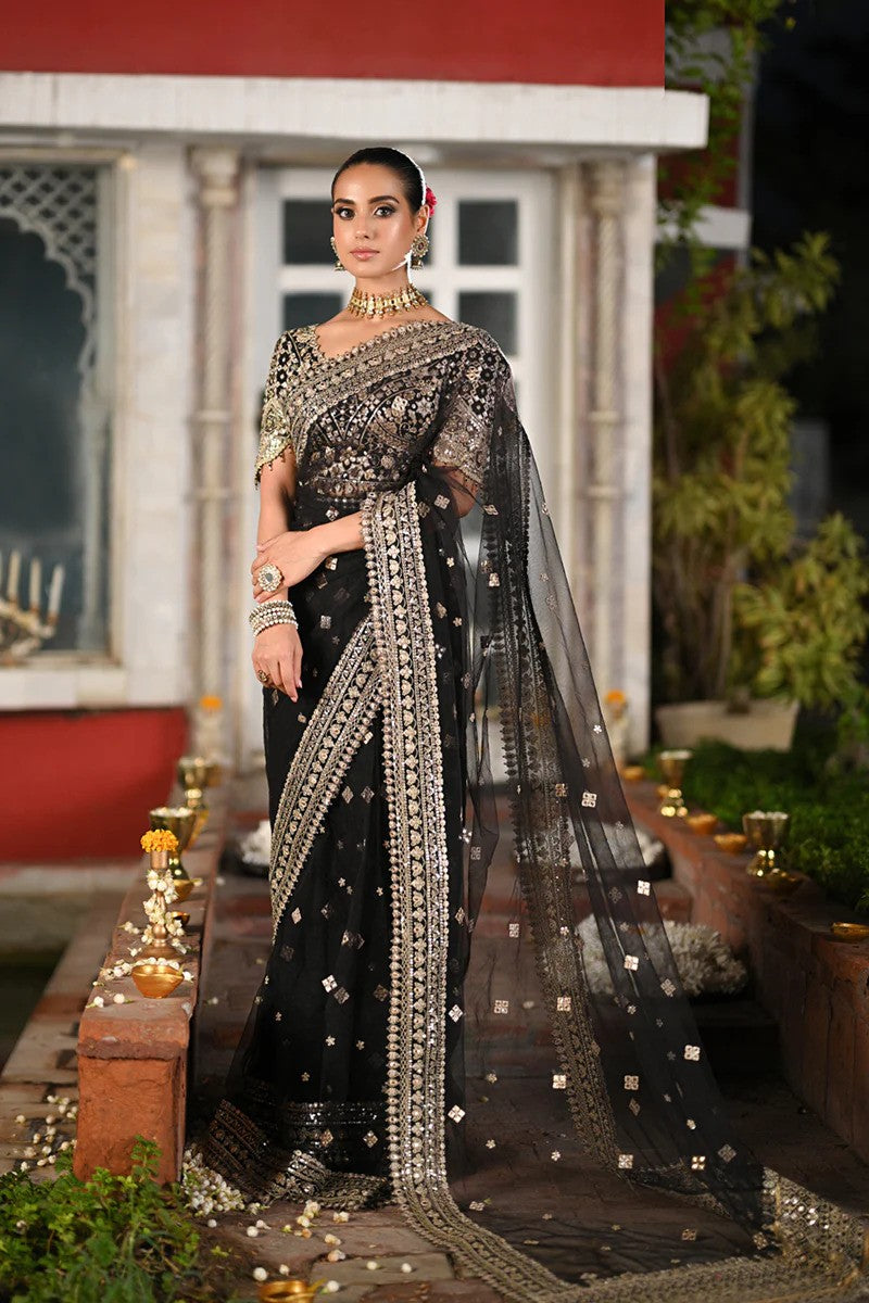 Minha - Black Saree With Embroidered Blouse By Qalamkar