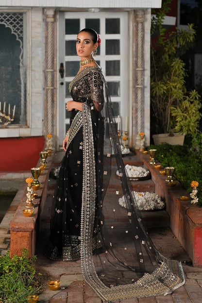 Minha - Black Saree With Embroidered Blouse By Qalamkar