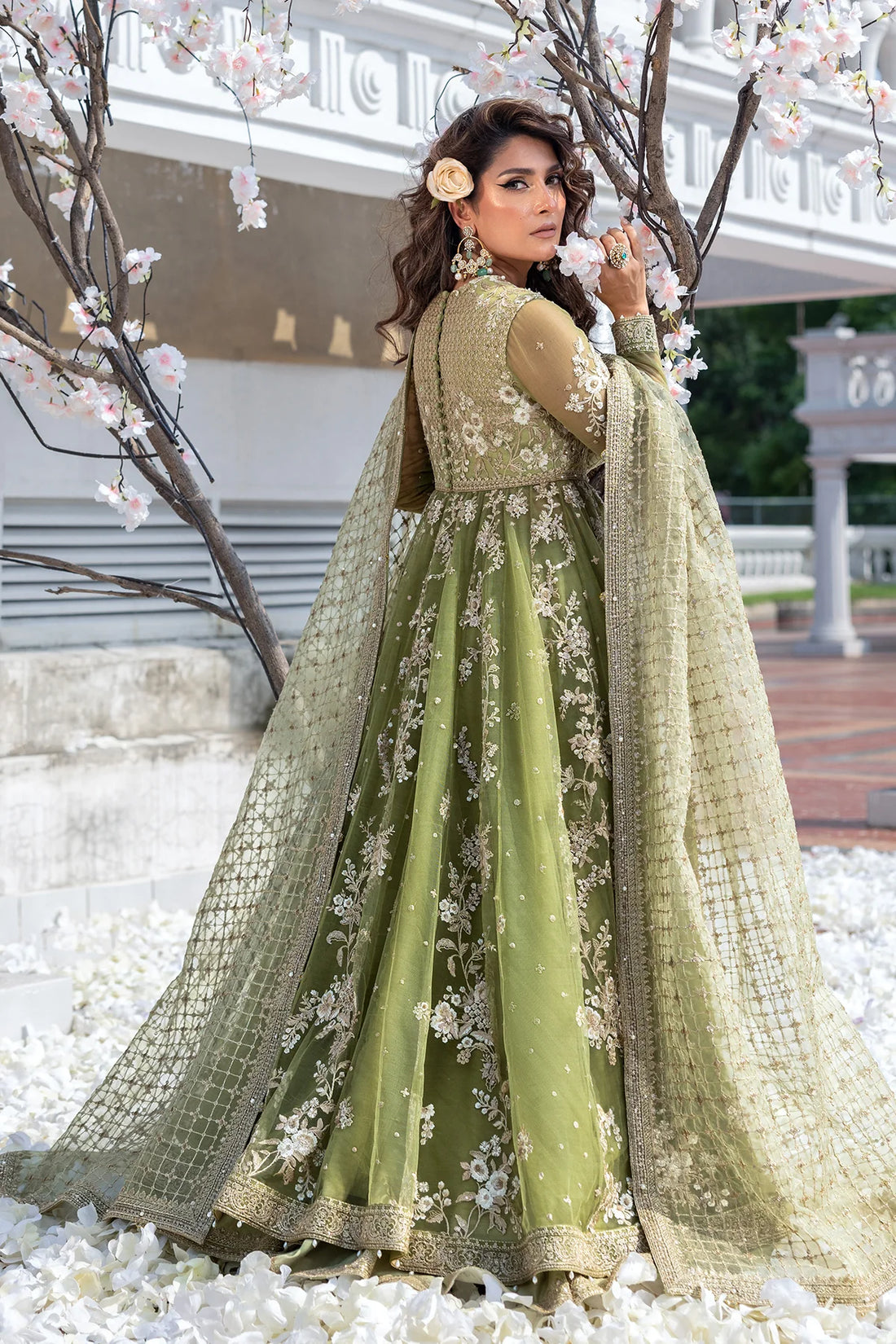 Mint Glow couture Pakistani wedding pishwas sharara with pearls and organza dupatta – Erum Khan Jahan Vol IV bridal ensemble.