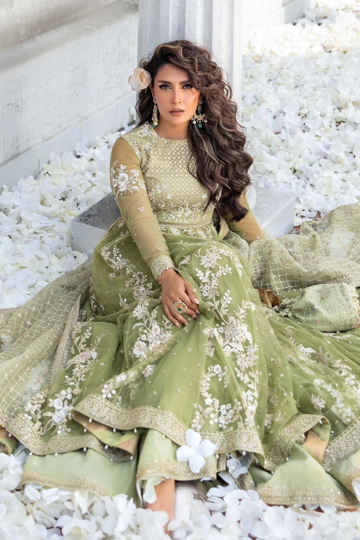 Mint Glow couture Pakistani wedding pishwas sharara with pearls and organza dupatta – Erum Khan Jahan Vol IV bridal ensemble.