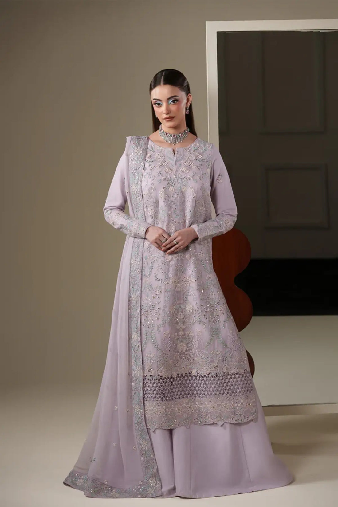 Mira Emaan Adeel Nouvelle Luxury Chiffon Lilac Embroidered Stitched 3PC Suit | Pakistanimoda