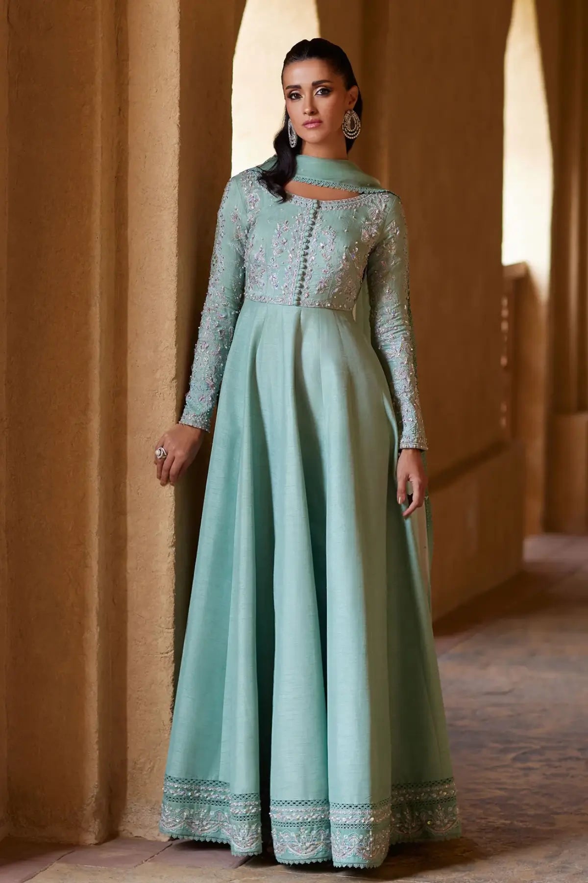 Mira by Kanwal Malik Ghina luxury pret mint pishwas in Korean raw silk with embroidered bodice and organza dupatta Pakistanimoda