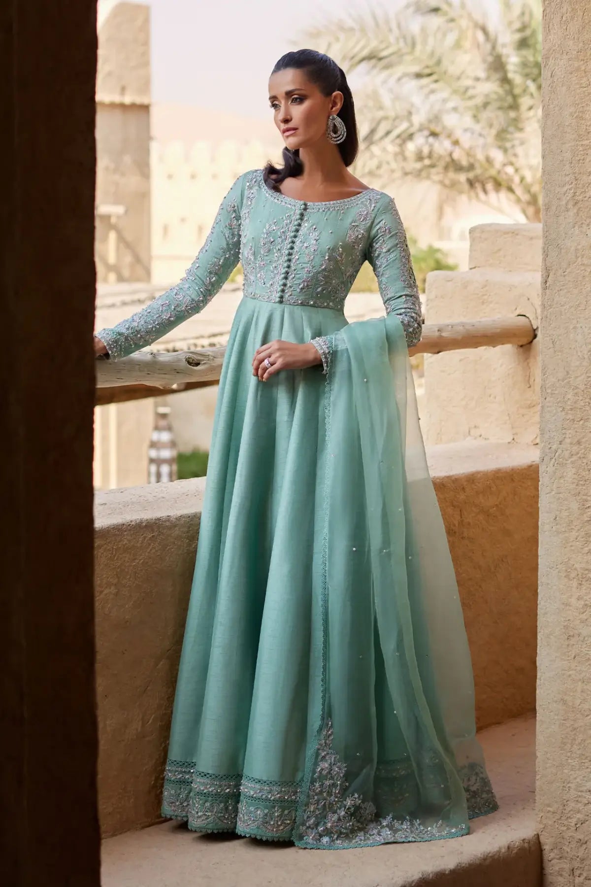 Mira by Kanwal Malik Ghina luxury pret mint pishwas in Korean raw silk with embroidered bodice and organza dupatta Pakistanimoda