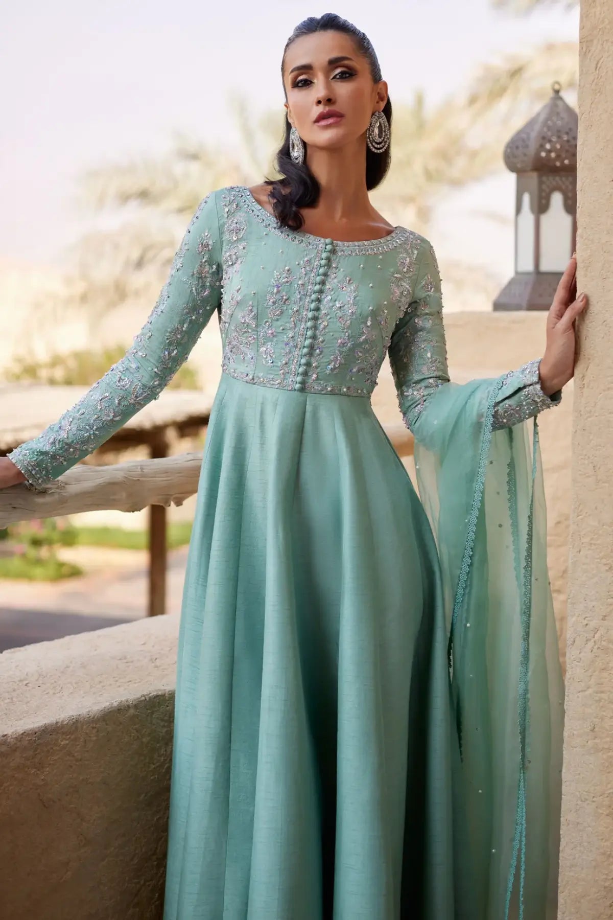 Mira by Kanwal Malik Ghina luxury pret mint pishwas in Korean raw silk with embroidered bodice and organza dupatta Pakistanimoda