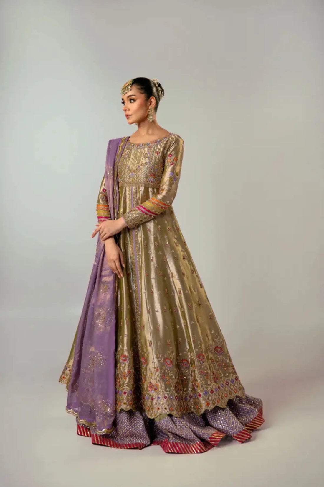 Miraal antique gold tissue kalidar Anarkali with purple dupatta stitched luxury Pakistani formal dress by Pakistanimoda