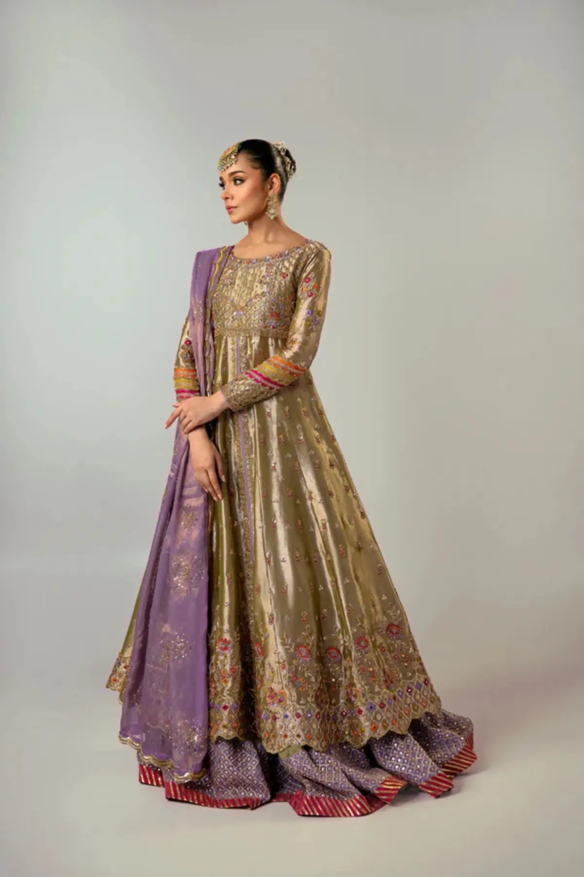 Miraal antique gold tissue kalidar Anarkali with purple dupatta stitched luxury Pakistani formal dress by Pakistanimoda