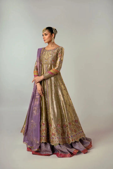 Miraal antique gold tissue kalidar Anarkali with purple dupatta stitched luxury Pakistani formal dress by Pakistanimoda