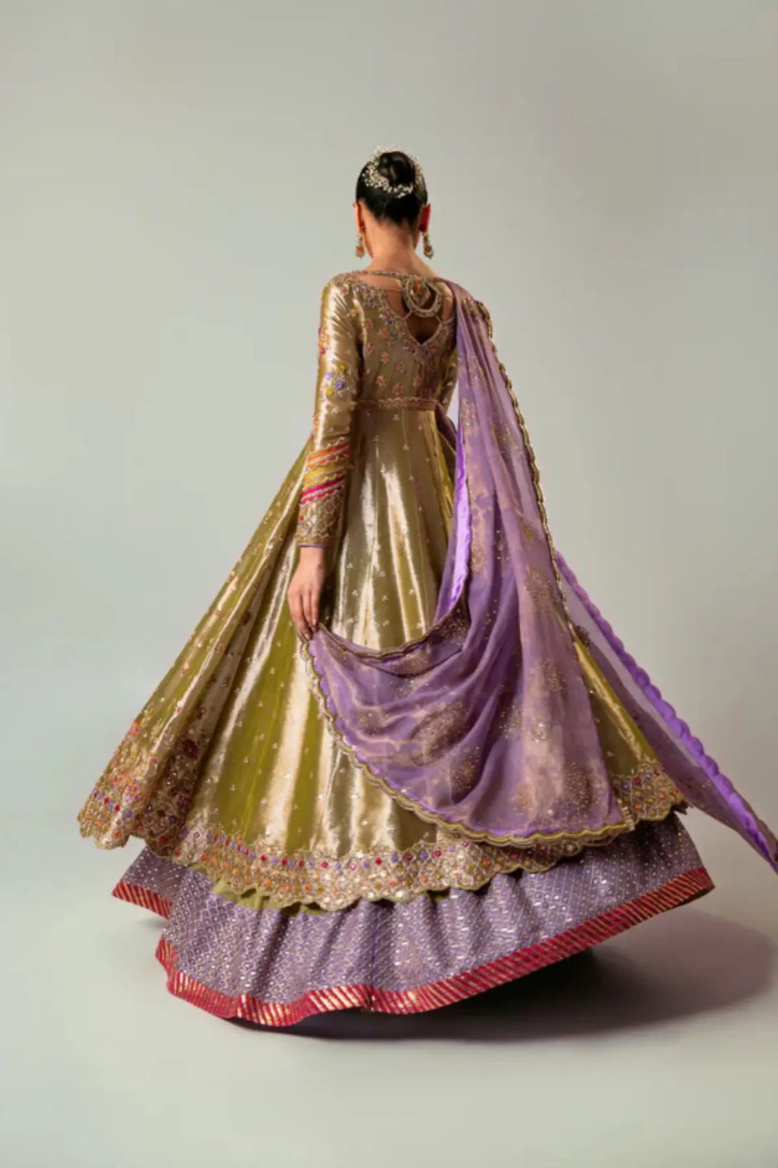 Miraal antique gold tissue kalidar Anarkali with purple dupatta stitched luxury Pakistani formal dress by Pakistanimoda