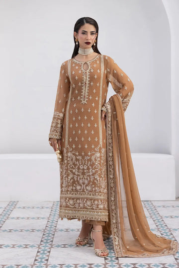 Mirage Gulaal Maeri Luxury Chiffon Beige Stitched 3PC Suit with embroidered chiffon shirt, dupatta and raw silk trousers