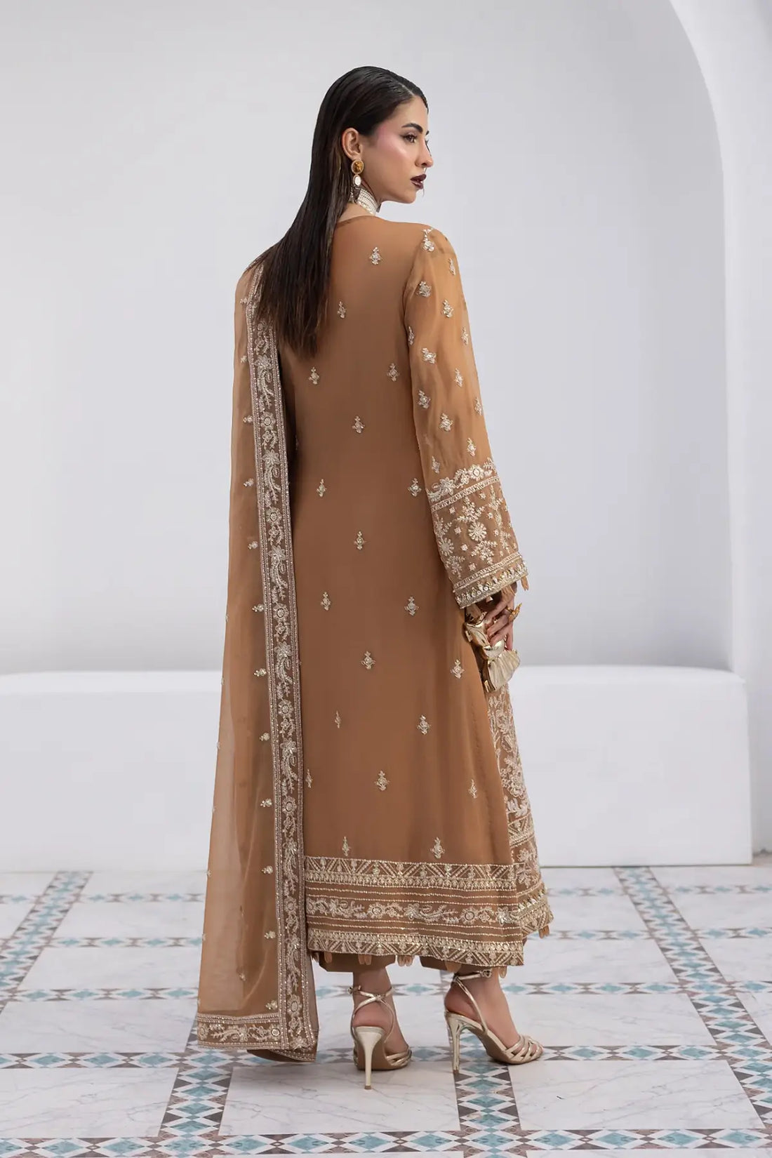 Mirage Gulaal Maeri Luxury Chiffon Beige Stitched 3PC Suit with embroidered chiffon shirt, dupatta and raw silk trousers