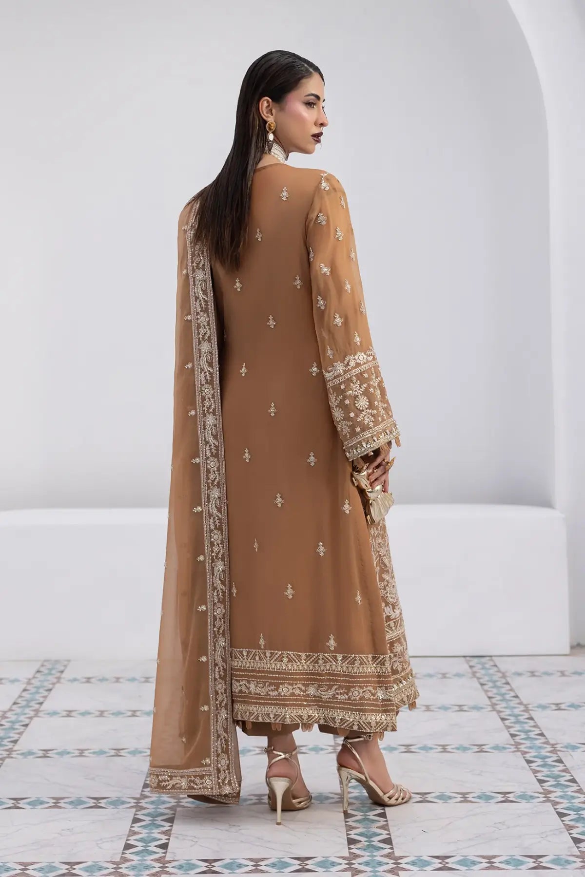Mirage Gulaal Maeri Luxury Chiffon Beige Stitched 3PC Suit with embroidered chiffon shirt, dupatta and raw silk trousers