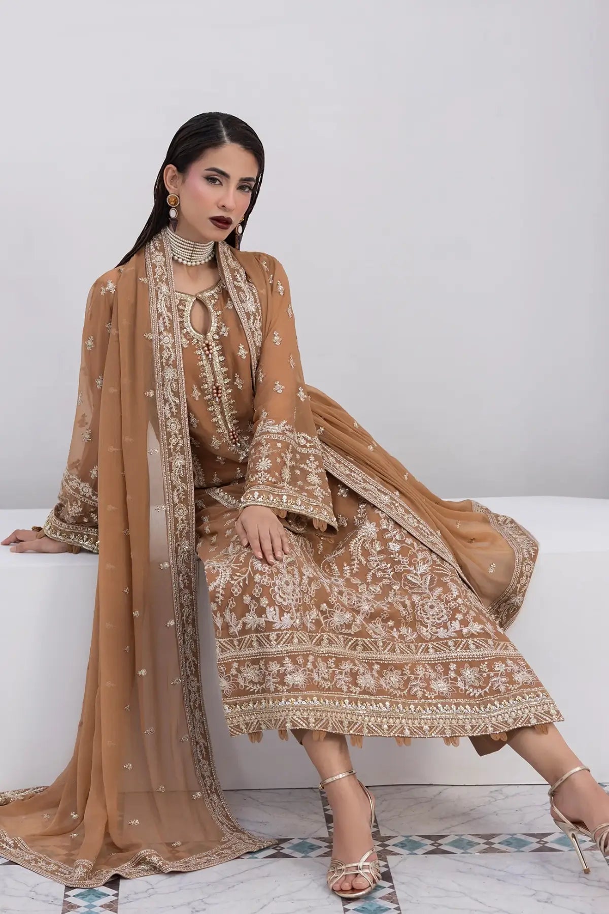 Mirage Gulaal Maeri Luxury Chiffon Beige Stitched 3PC Suit with embroidered chiffon shirt, dupatta and raw silk trousers