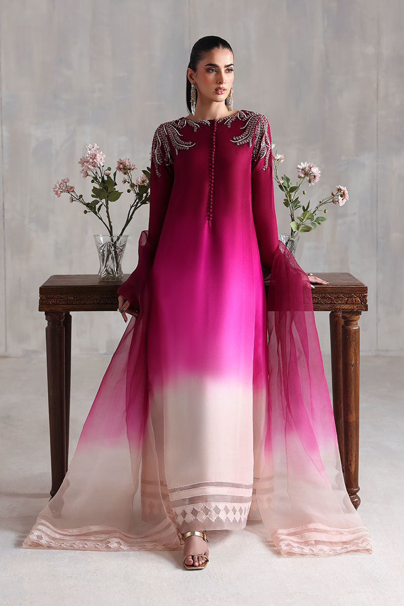 Pakistani shaded raw silk kaftan in purple and peach with lightweight organza dupatta – elegant outfit for Eid and formal parties in USA, UK, and Canada.

