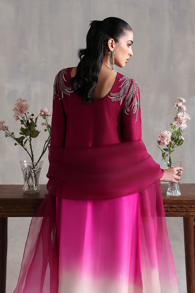 Pakistani shaded raw silk kaftan in purple and peach with lightweight organza dupatta – elegant outfit for Eid and formal parties in USA, UK, and Canada.
